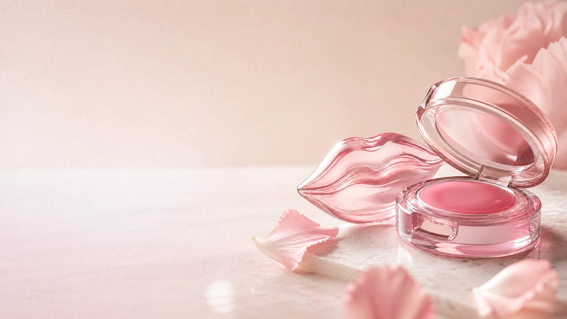 カーネーションピンクのリップケアコンパクトとリップ型ガラス、淡い花弁を配したRoséLipのアートビジュアル