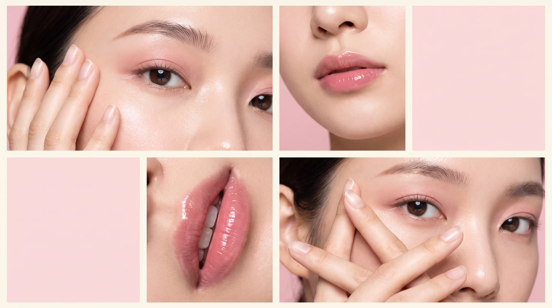 目元、ローズピンクの唇、指先を繊細に切り取ったRoséLipの韓国コスメ風ビューティーコラージュ